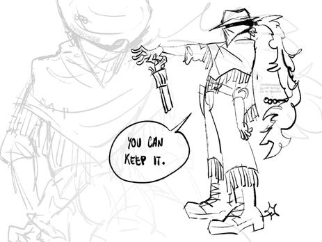 Some more sketches of Vermillion, but this time they're in an old west bandit costume. In one of them they are tossing out a revolver and saying "You can keep it".