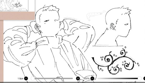 An ibisPaint screenshot showing some doodles of a short-haired person. They are resting their head on their hands, and are wearing a jacket. Only one of their eyes is open. There's also a drawing of their profile view and a doodle that resembles a tree bra