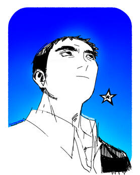 A digital doodle of Sumio Mondo, a character from the videogame Flower Sun and Rain. The drawing itself is a colorless bust of Sumio looking upwards and into the deep blue sky behind him. There's a small decorative star reminiscent of the Flower Sun and Ra