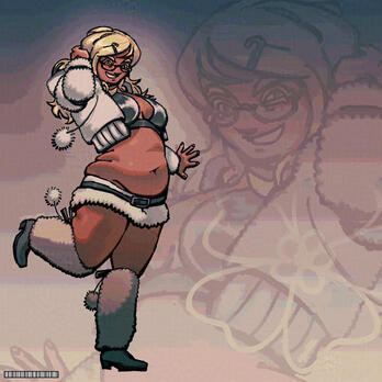 A digital illustration of out character Tam in a revealing white outfit, mainly compressed of white fur and gray fabric.