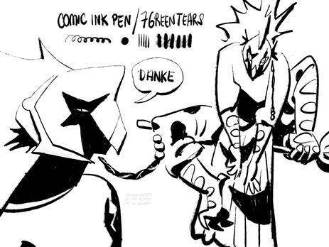 Some sketches of Vermillion made with a thick brush. The drawings themselves cast big shadows and are very high contrast. In one of the drawings, Vermillion is on top of a flying broom - in the other, they're saying "Thank you" in german.