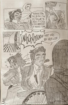 A four panel sketch comic of our characters Peseta and Rukhsar when they were alive. First panel: Both of them are on the street taking a stroll, as Peseta puts his hand on his inner jacket's pocket and says: 'Yeah, I call the $1 bill 'the diet dollar' be