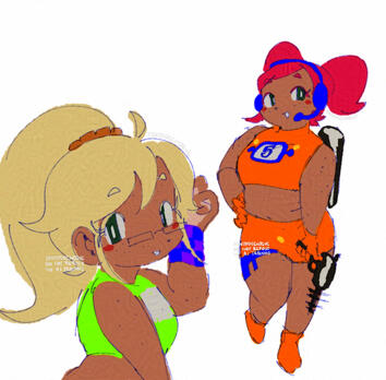 Two chibi drawings of our character Tam. The one on the left shows them with a green and white crop top and a violet bracelet, twirling their hair and looking to the viewer over their shoulder. The one on the right shows her cosplaying as Ulala from Space