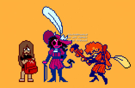 A digital illustration that tries to mimic Deltarune's overworld sprite style. In it there are three characters: all lightners, but only two in the dark world. The lightner in the light world is a human with long hair, glasses, and a red backpack. The othe